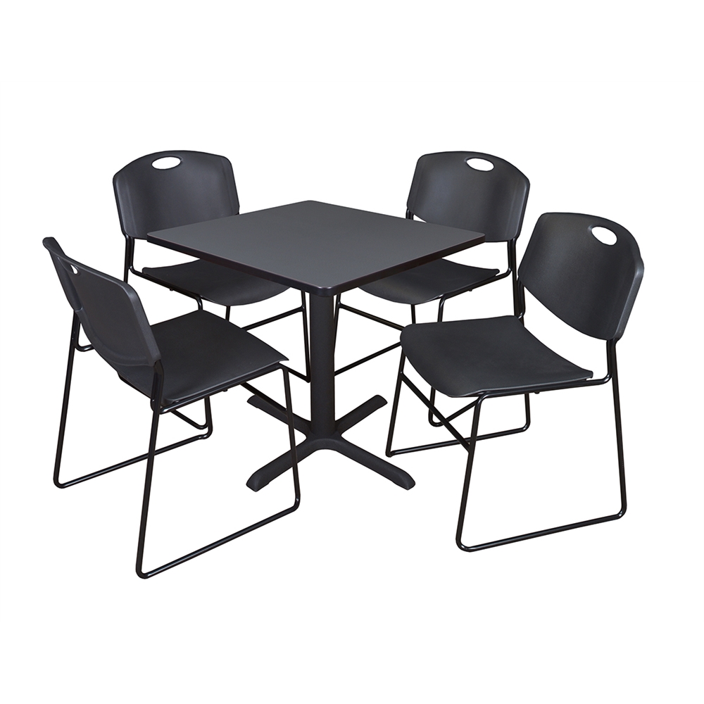 Cain 30" Square Breakroom Table- Grey & 4 Zeng Stack Chairs- Black. Picture 1