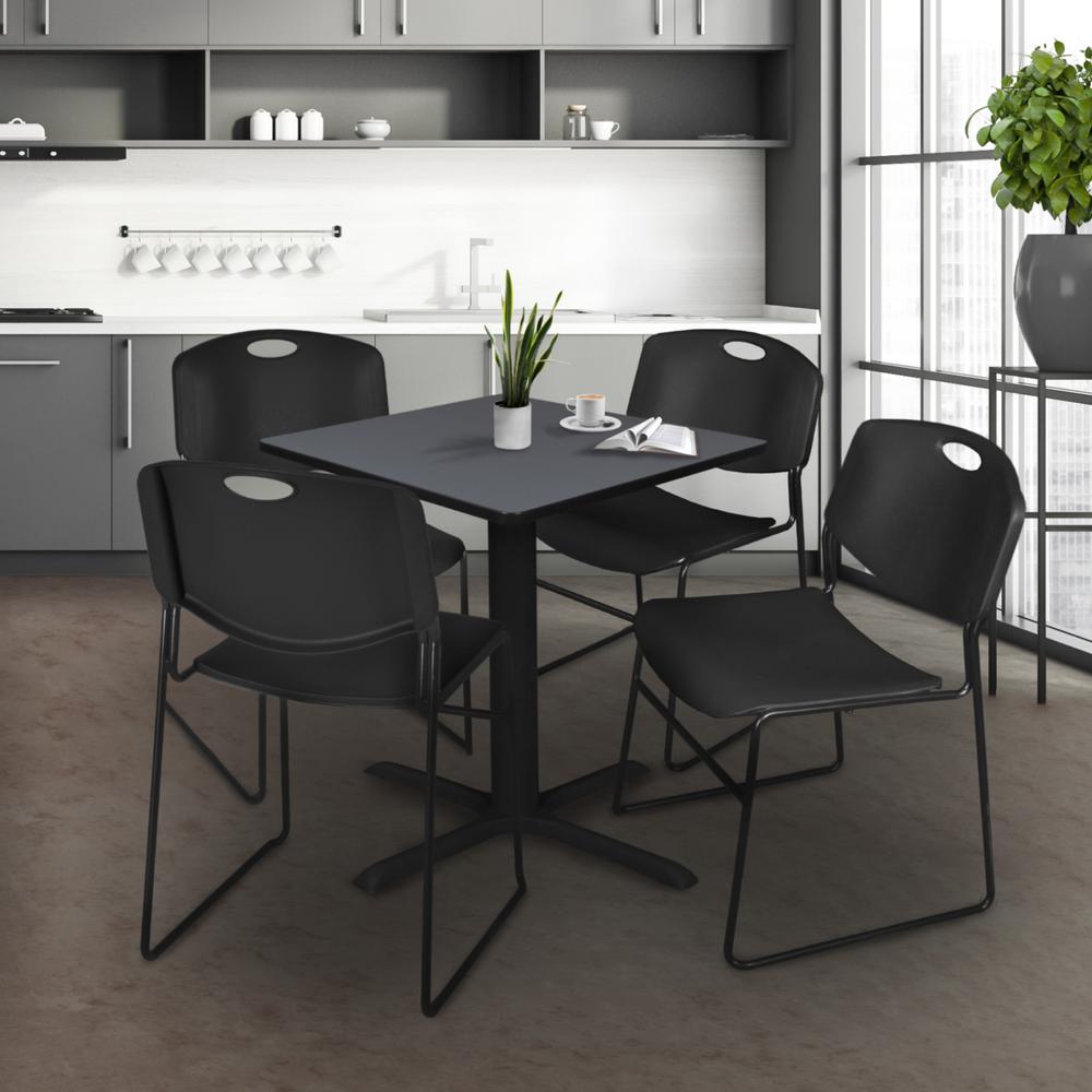 Cain 30" Square Breakroom Table- Grey & 4 Zeng Stack Chairs- Black. Picture 2