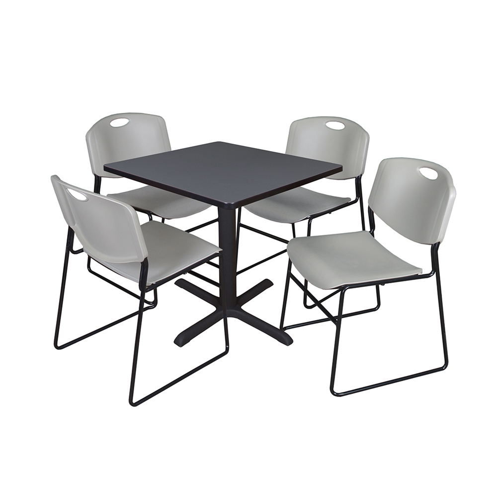 Cain 30" Square Breakroom Table- Grey & 4 Zeng Stack Chairs- Grey. Picture 1
