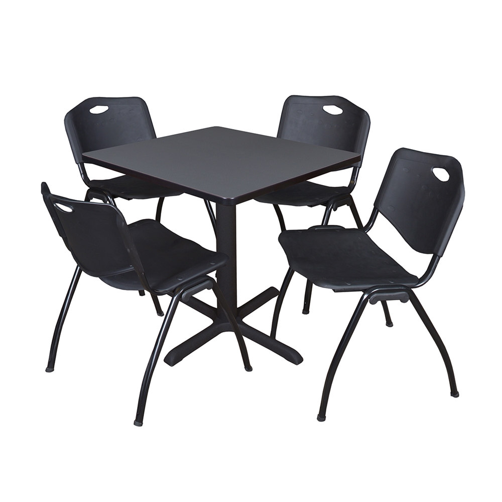 Cain 30" Square Breakroom Table- Grey & 4 'M' Stack Chairs- Black. Picture 1