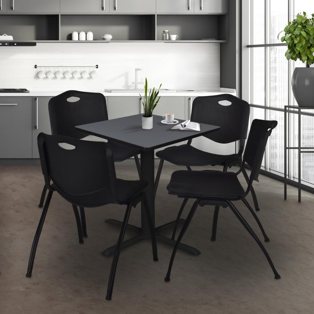 Cain 30" Square Breakroom Table- Grey & 4 'M' Stack Chairs- Black. Picture 2