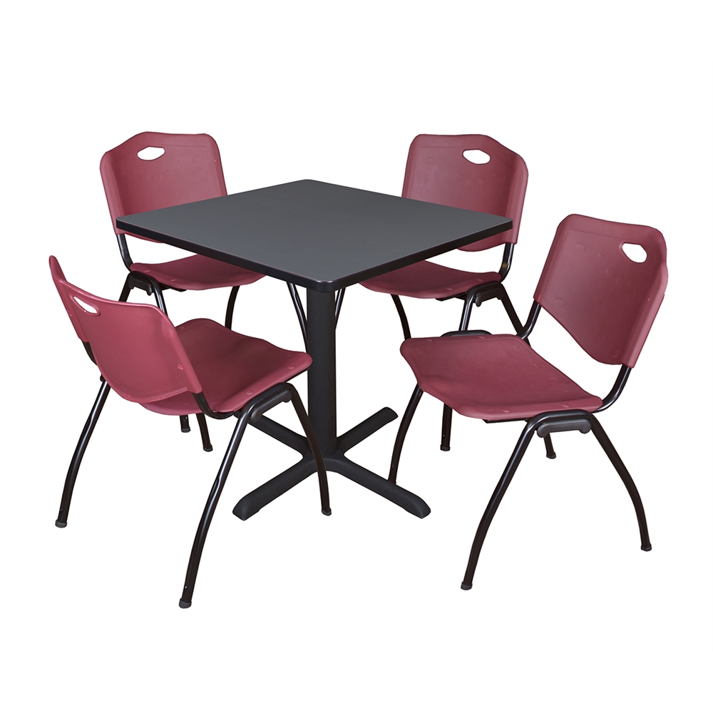 Cain 30" Square Breakroom Table- Grey & 4 'M' Stack Chairs- Burgundy. Picture 1