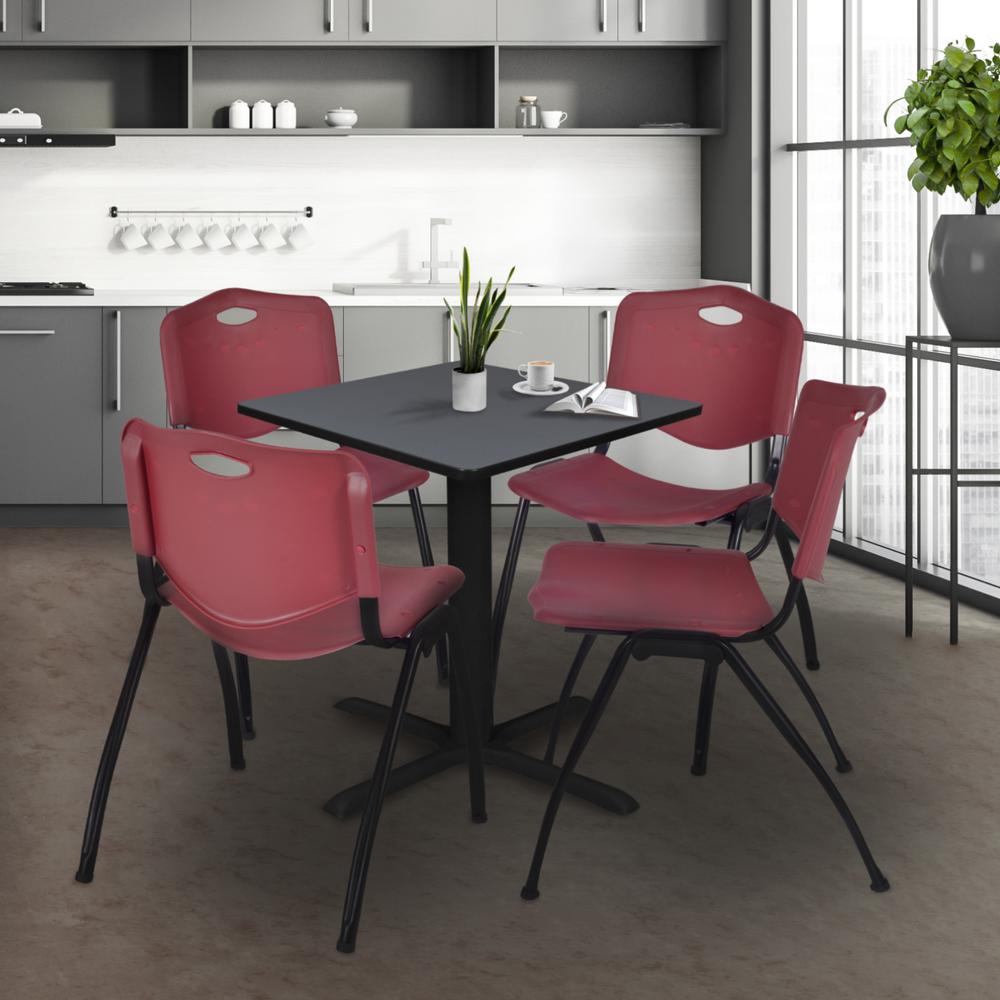 Cain 30" Square Breakroom Table- Grey & 4 'M' Stack Chairs- Burgundy. Picture 2