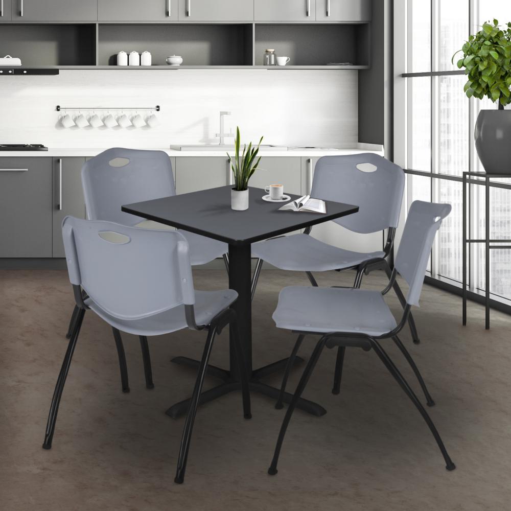 Cain 30" Square Breakroom Table- Grey & 4 'M' Stack Chairs- Grey. Picture 2