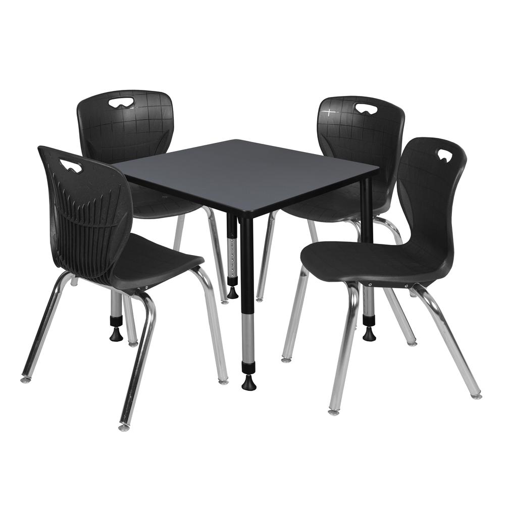 Kee 30" Square Height Adjustable Classroom Table - Grey & 4 Andy 18-in Stack Chairs- Black. Picture 1