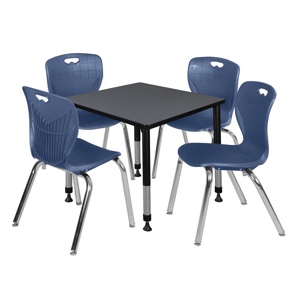 Kee 30" Square Height Adjustable Classroom Table - Grey & 4 Andy 18-in Stack Chairs- Navy Blue. Picture 1