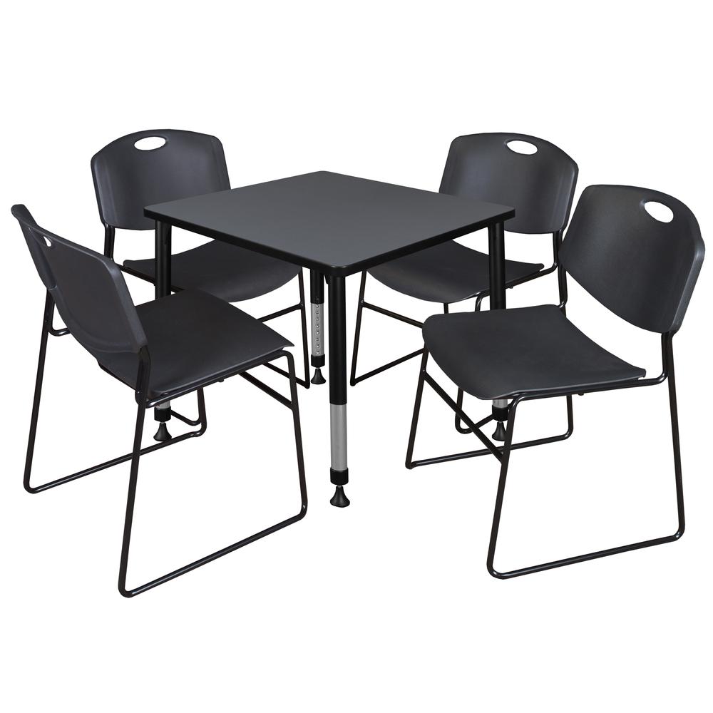 Kee 30" Square Height Adjustable Classroom Table - Grey & 4 Zeng Stack Chairs- Black. Picture 1