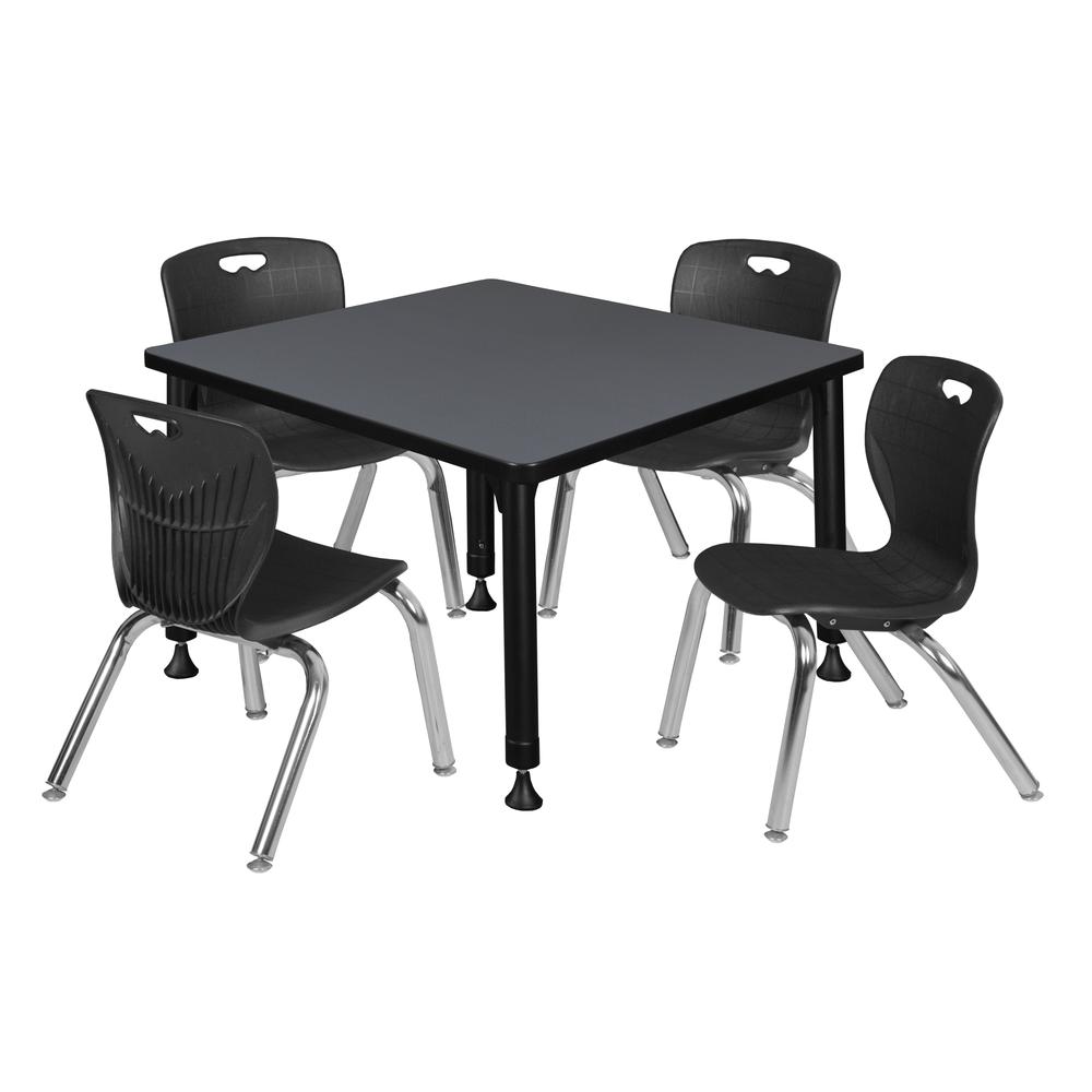 Kee 30" Square Height Adjustable Classroom Table - Grey & 4 Andy 12-in Stack Chairs- Black. Picture 1
