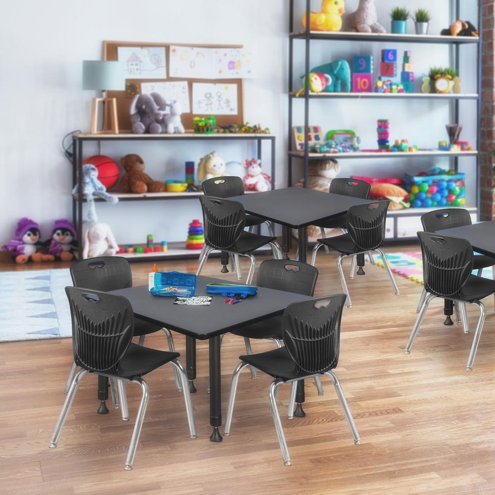 Kee 30" Square Height Adjustable Classroom Table - Grey & 4 Andy 12-in Stack Chairs- Black. Picture 7