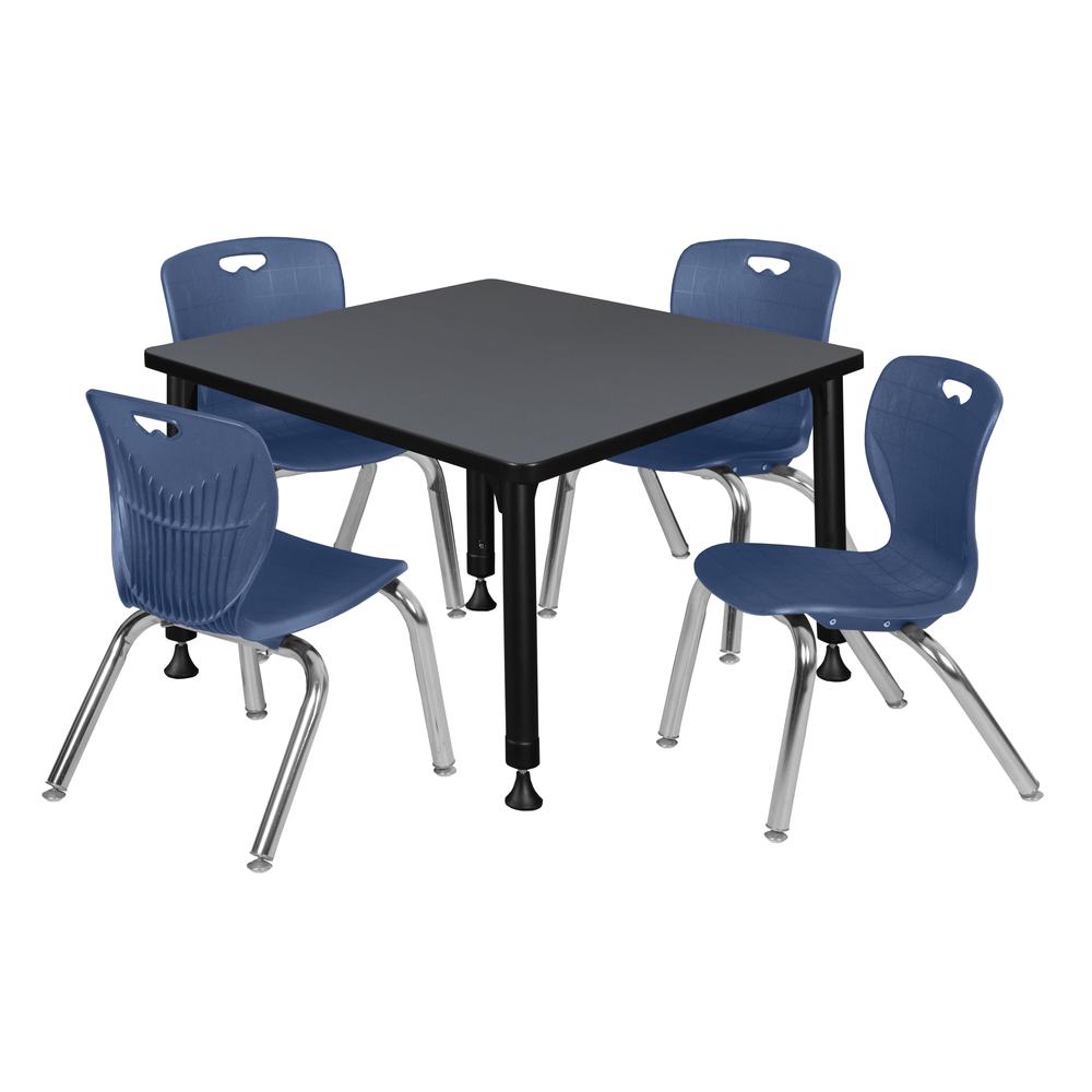 Kee 30" Square Height Adjustable Classroom Table - Grey & 4 Andy 12-in Stack Chairs- Navy Blue. Picture 1