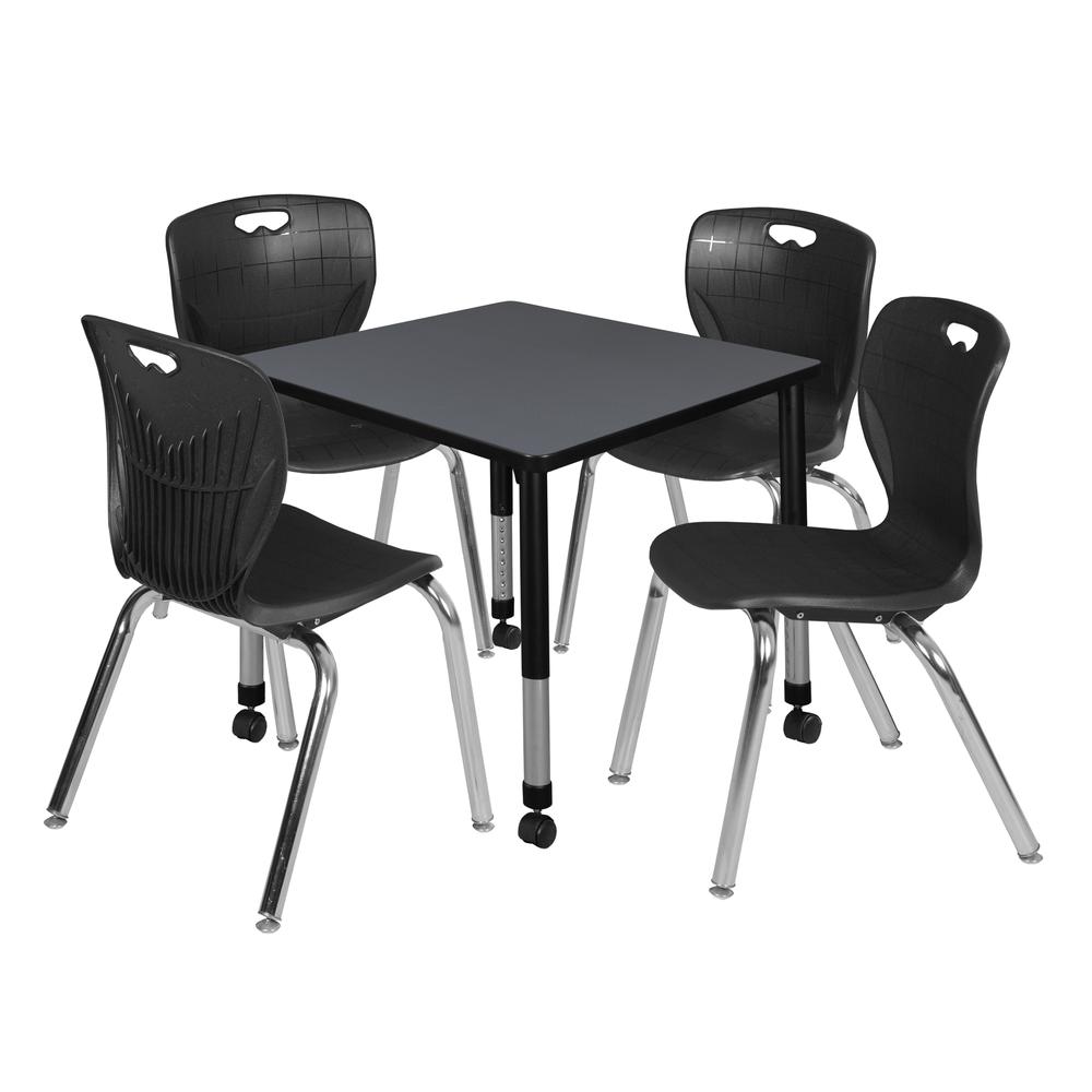 Kee 30" Square Height Adjustable Mobile Classroom Table - Grey &  4 Andy 18-in Stack Chairs- Black. Picture 1