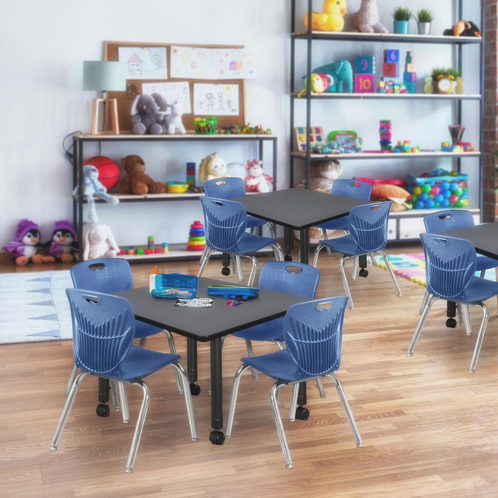 Kee 30" Square Height Adjustable Mobile Classroom Table - Grey &  4 Andy 12-in Stack Chairs- Navy Blue. Picture 7