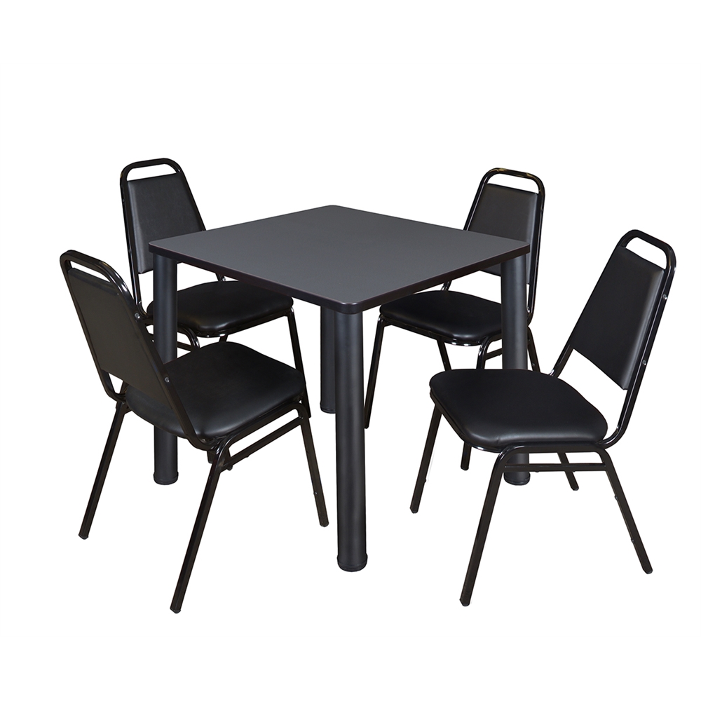 Kee 30" Square Breakroom Table- Grey/ Black & 4 Restaurant Stack Chairs- Black. Picture 1