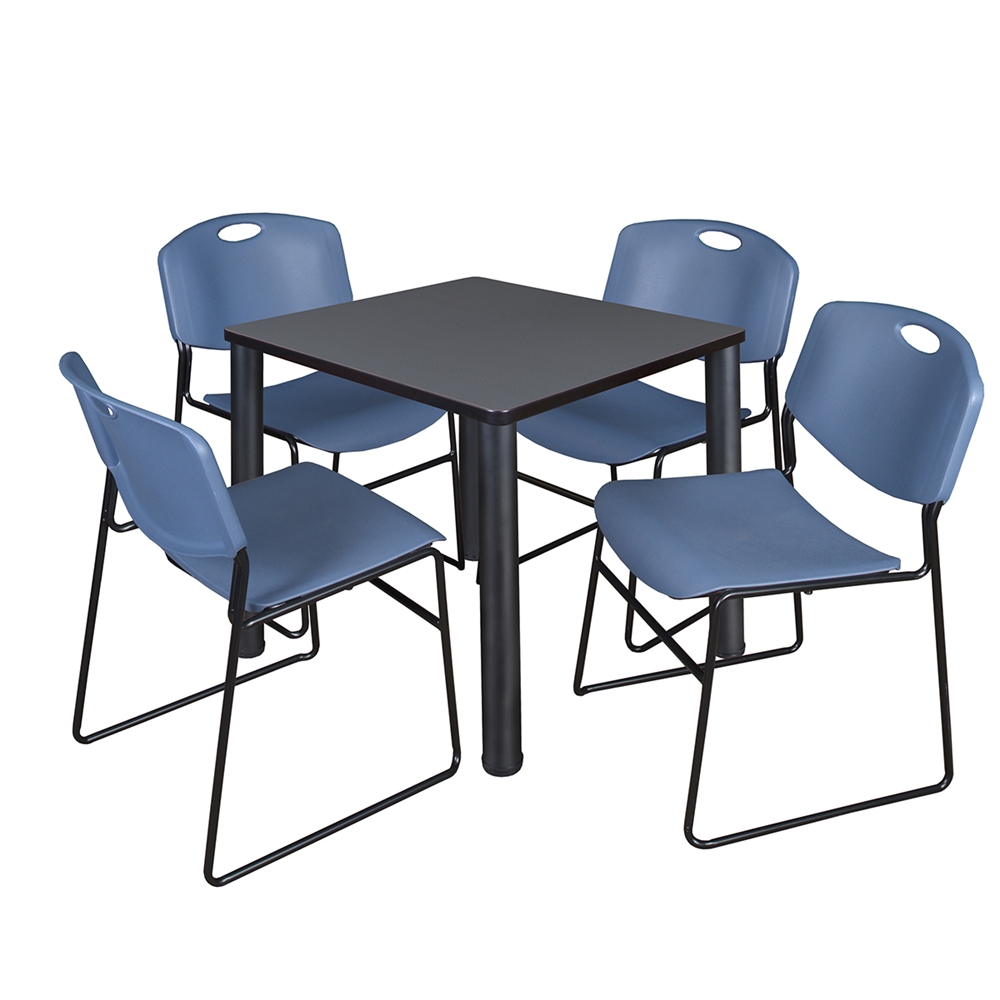 Kee 30" Square Breakroom Table- Grey/ Black & 4 Zeng Stack Chairs- Blue. Picture 1