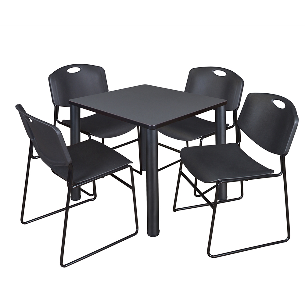 Kee 30" Square Breakroom Table- Grey/ Black & 4 Zeng Stack Chairs- Black. Picture 1