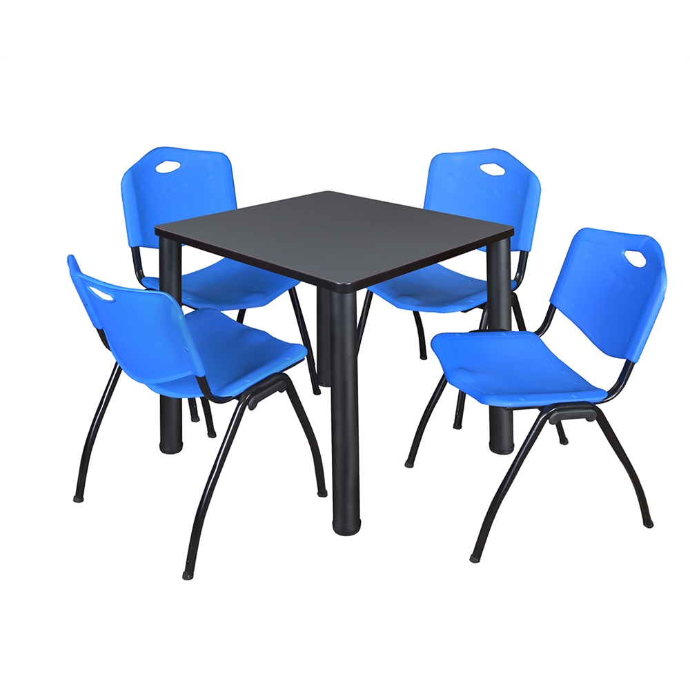 Kee 30" Square Breakroom Table- Grey/ Black & 4 'M' Stack Chairs- Blue. Picture 1