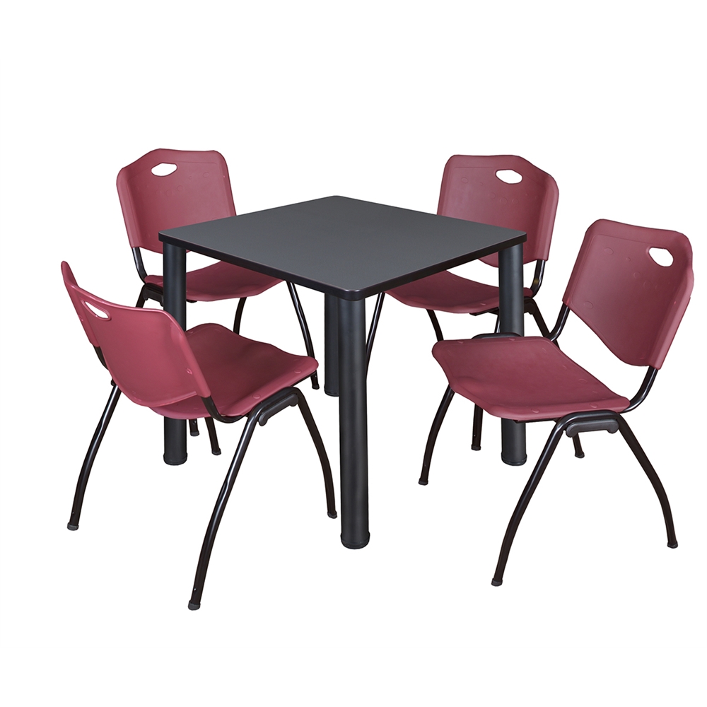 Kee 30" Square Breakroom Table- Grey/ Black & 4 'M' Stack Chairs- Burgundy. Picture 1