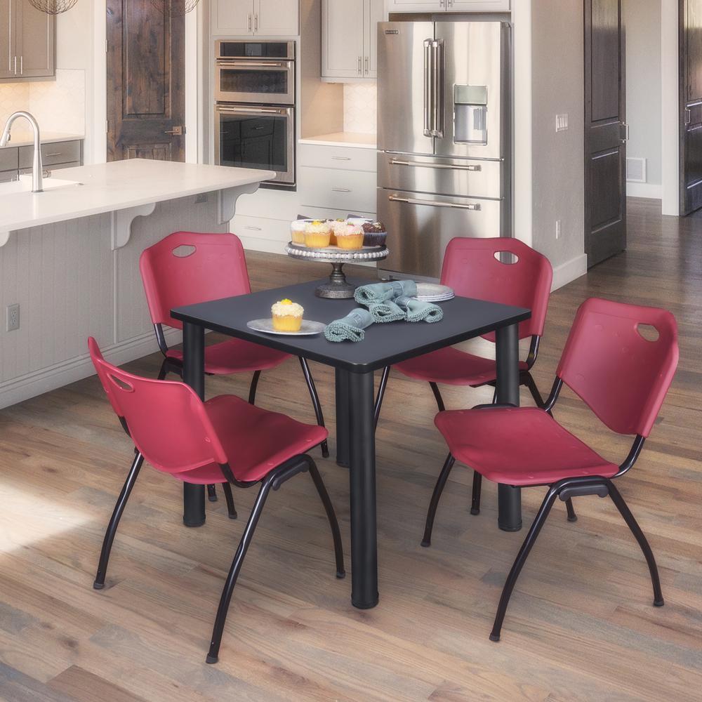 Kee 30" Square Breakroom Table- Grey/ Black & 4 'M' Stack Chairs- Burgundy. Picture 2