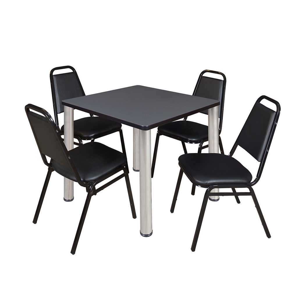 Kee 30" Square Breakroom Table- Grey/ Chrome & 4 Restaurant Stack Chairs- Black. Picture 1