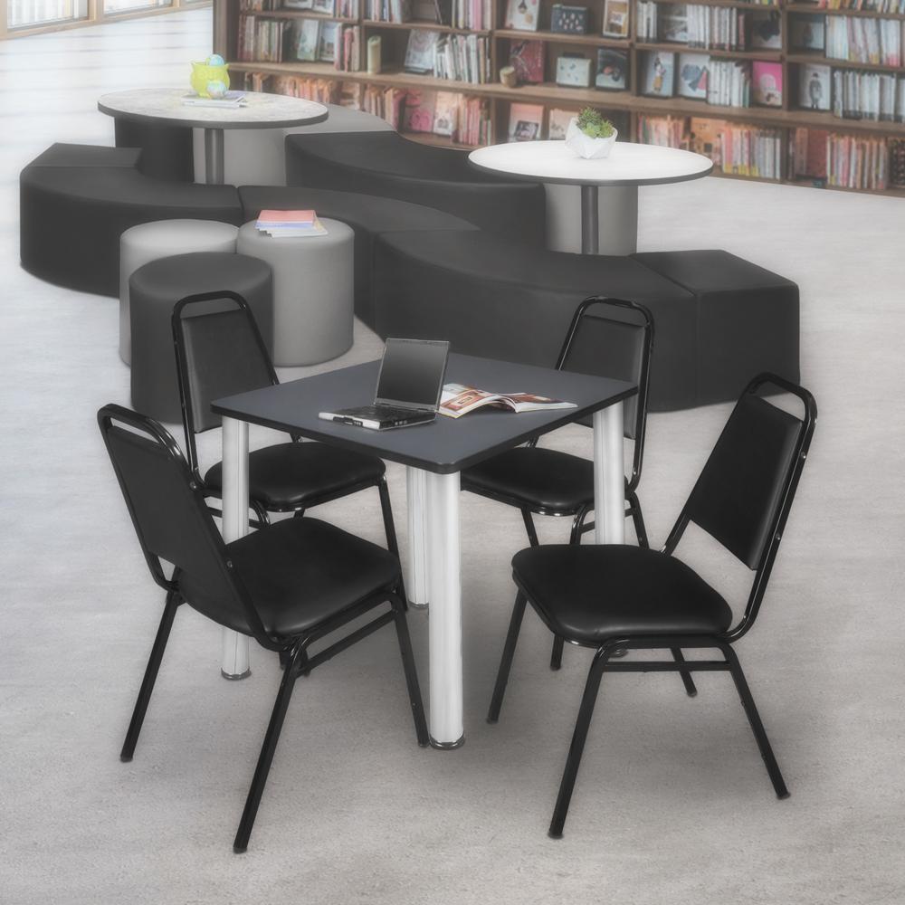 Kee 30" Square Breakroom Table- Grey/ Chrome & 4 Restaurant Stack Chairs- Black. Picture 2