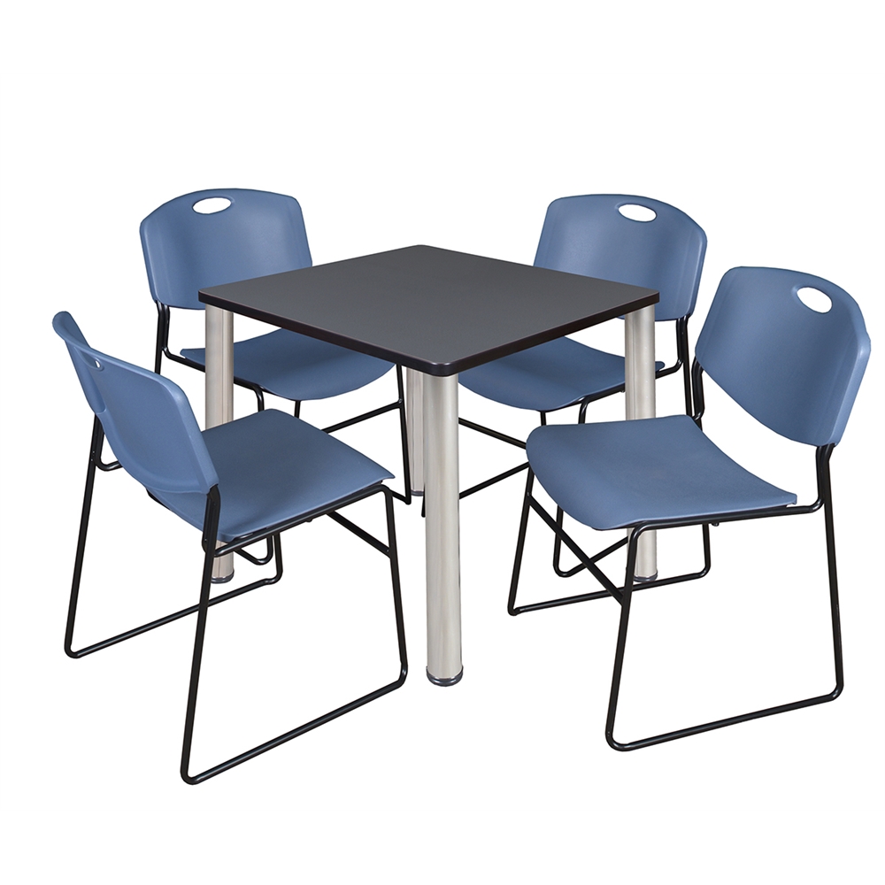 Kee 30" Square Breakroom Table- Grey/ Chrome & 4 Zeng Stack Chairs- Blue. Picture 1