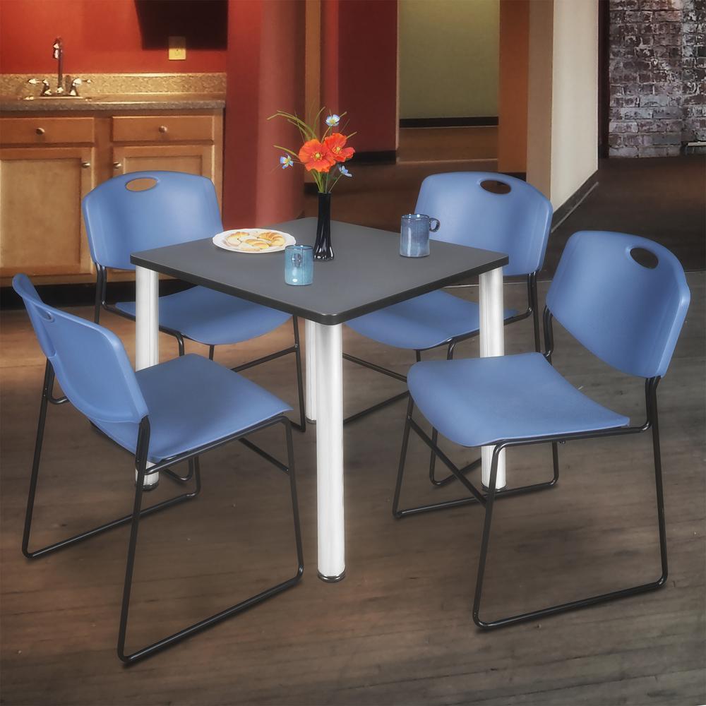 Kee 30" Square Breakroom Table- Grey/ Chrome & 4 Zeng Stack Chairs- Blue. Picture 2