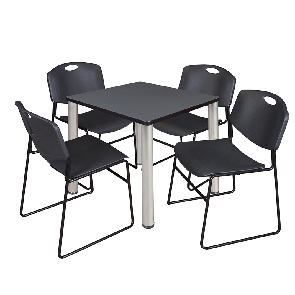 Kee 30" Square Breakroom Table- Grey/ Chrome & 4 Zeng Stack Chairs- Black. Picture 1