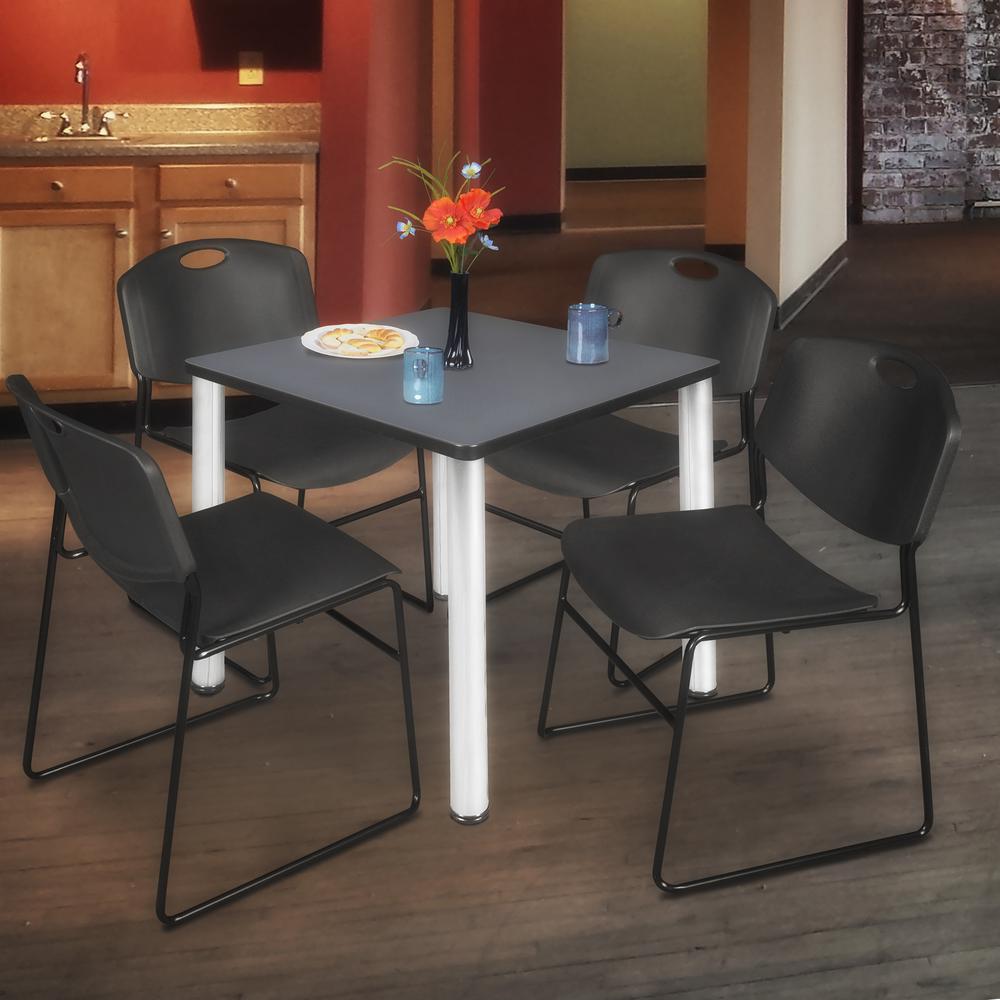 Kee 30" Square Breakroom Table- Grey/ Chrome & 4 Zeng Stack Chairs- Black. Picture 2
