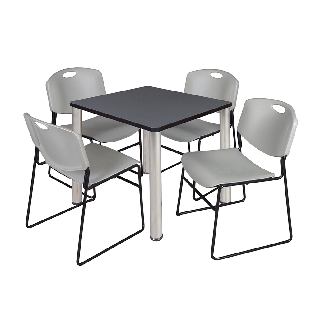 Kee 30" Square Breakroom Table- Grey/ Chrome & 4 Zeng Stack Chairs- Grey. Picture 1