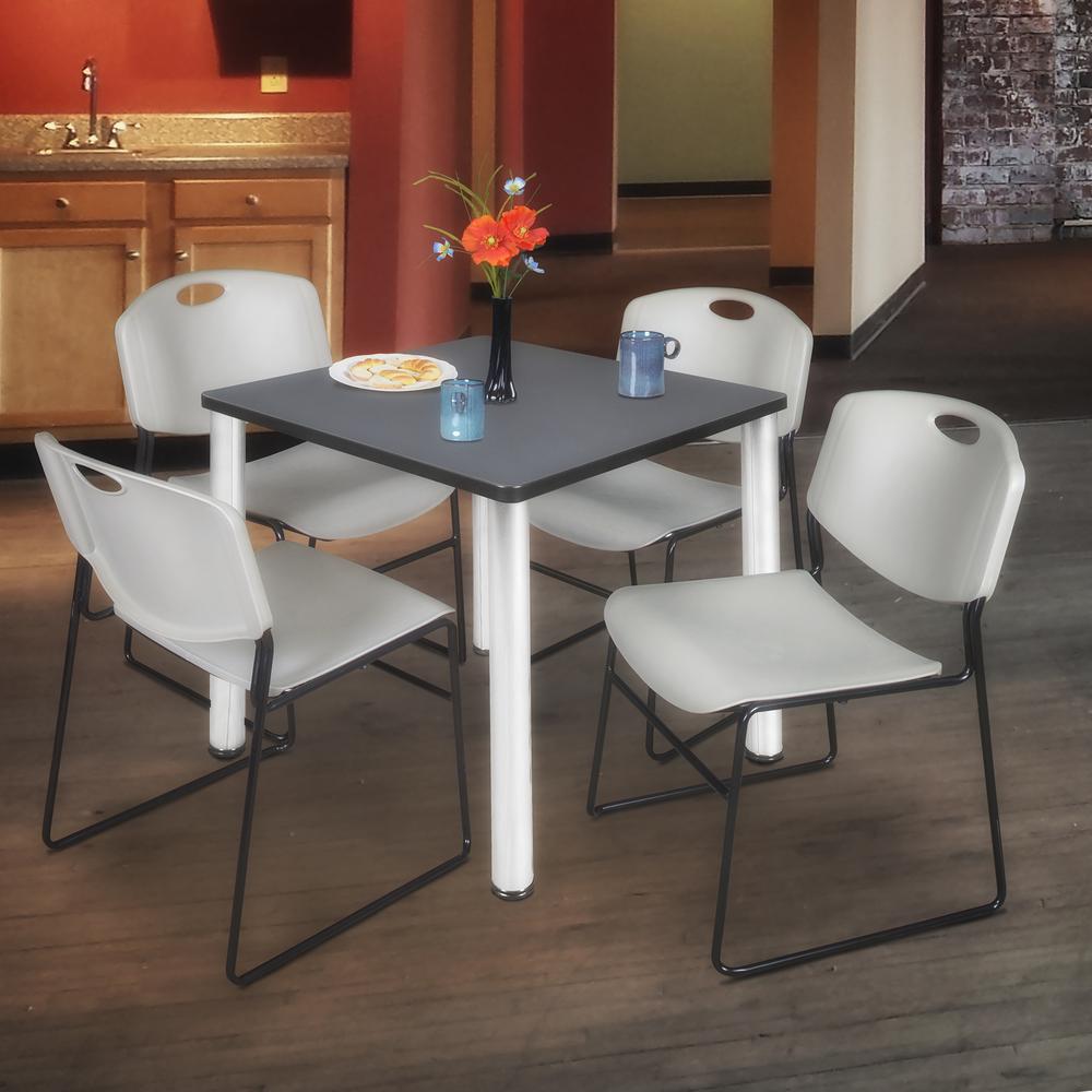 Kee 30" Square Breakroom Table- Grey/ Chrome & 4 Zeng Stack Chairs- Grey. Picture 2
