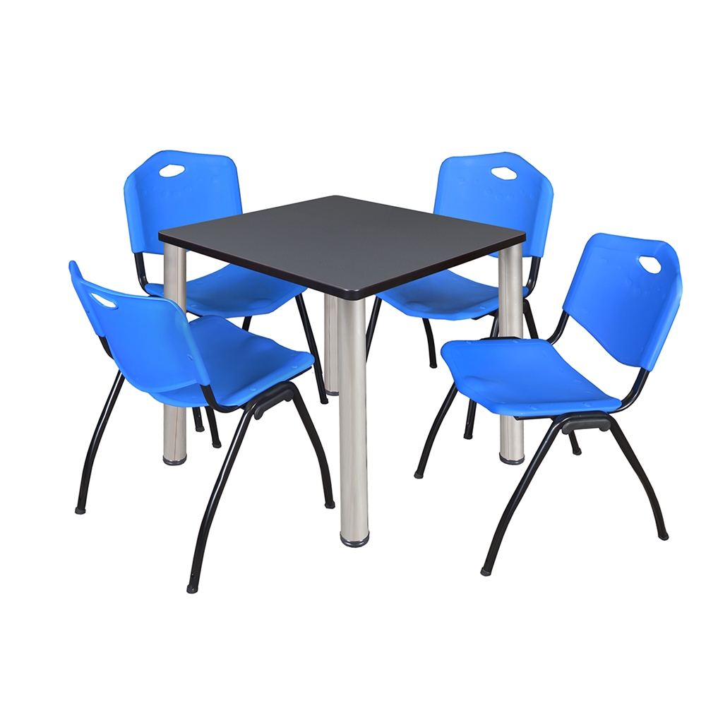 Kee 30" Square Breakroom Table- Grey/ Chrome & 4 'M' Stack Chairs- Blue. Picture 1