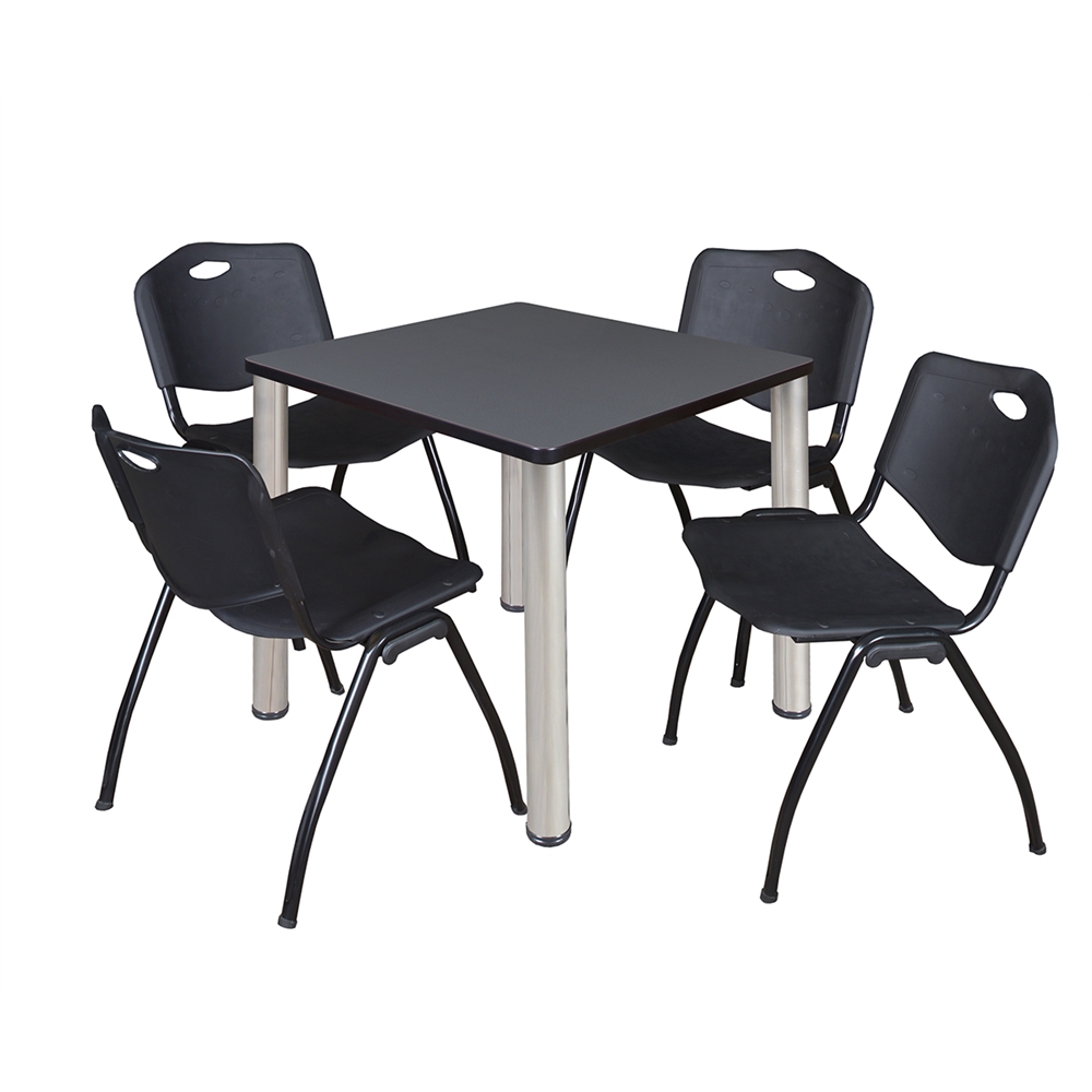 Kee 30" Square Breakroom Table- Grey/ Chrome & 4 'M' Stack Chairs- Black. Picture 1