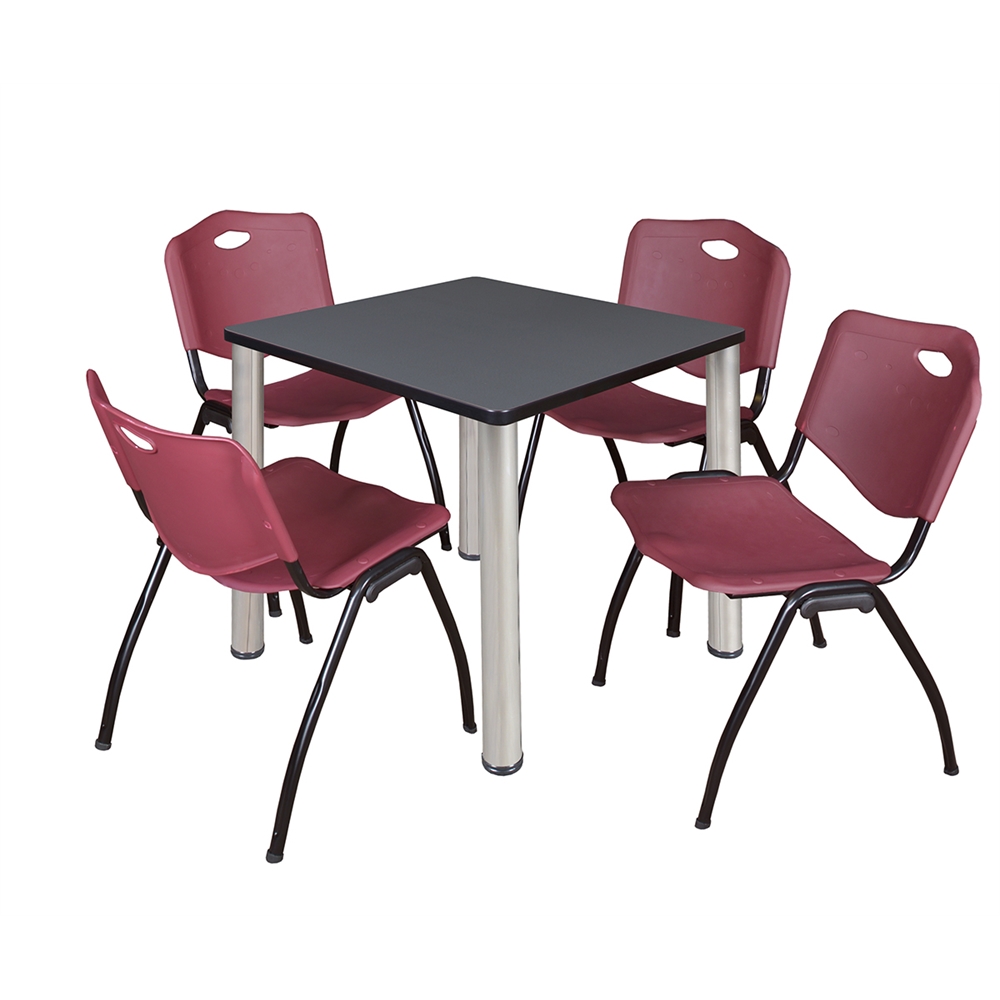 Kee 30" Square Breakroom Table- Grey/ Chrome & 4 'M' Stack Chairs- Burgundy. Picture 1