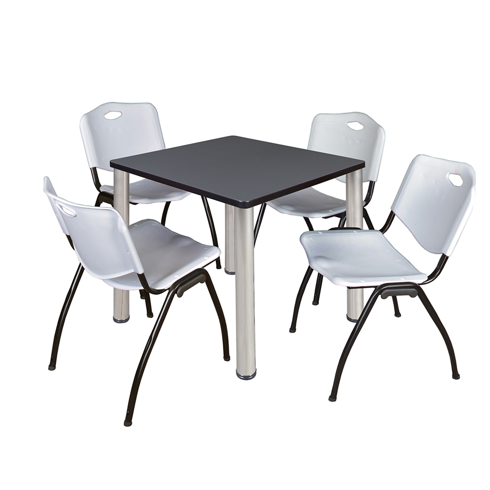 Kee 30" Square Breakroom Table- Grey/ Chrome & 4 'M' Stack Chairs- Grey. Picture 1