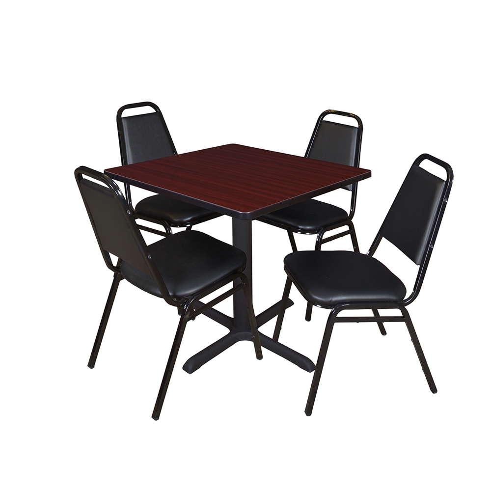 Cain 30" Square Breakroom Table- Mahogany & 4 Restaurant Stack Chairs- Black. Picture 1