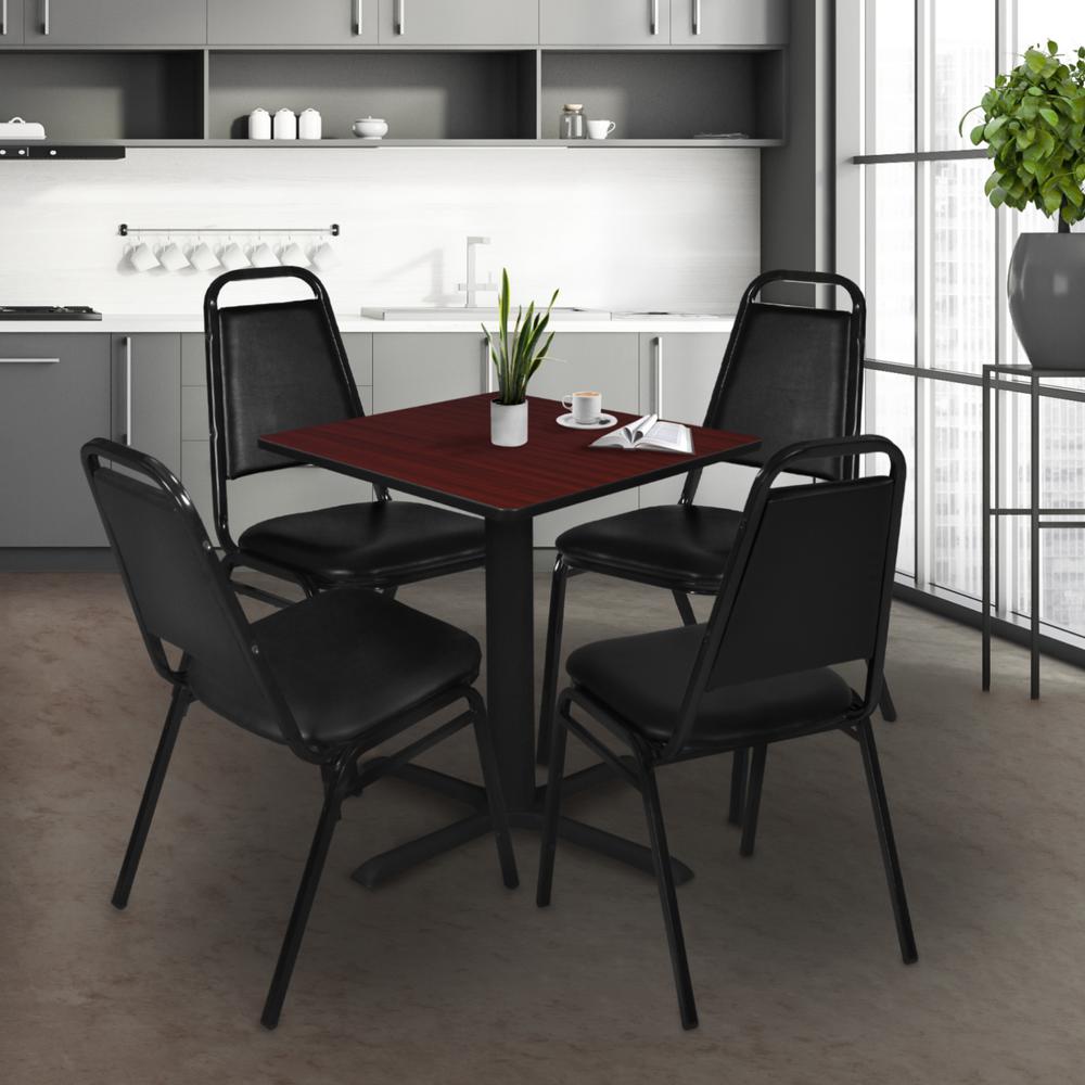 Cain 30" Square Breakroom Table- Mahogany & 4 Restaurant Stack Chairs- Black. Picture 2