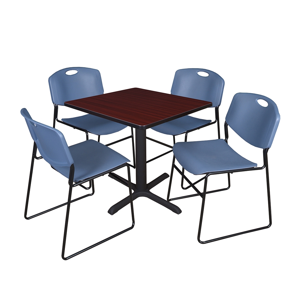 Cain 30" Square Breakroom Table- Mahogany & 4 Zeng Stack Chairs- Blue. Picture 1