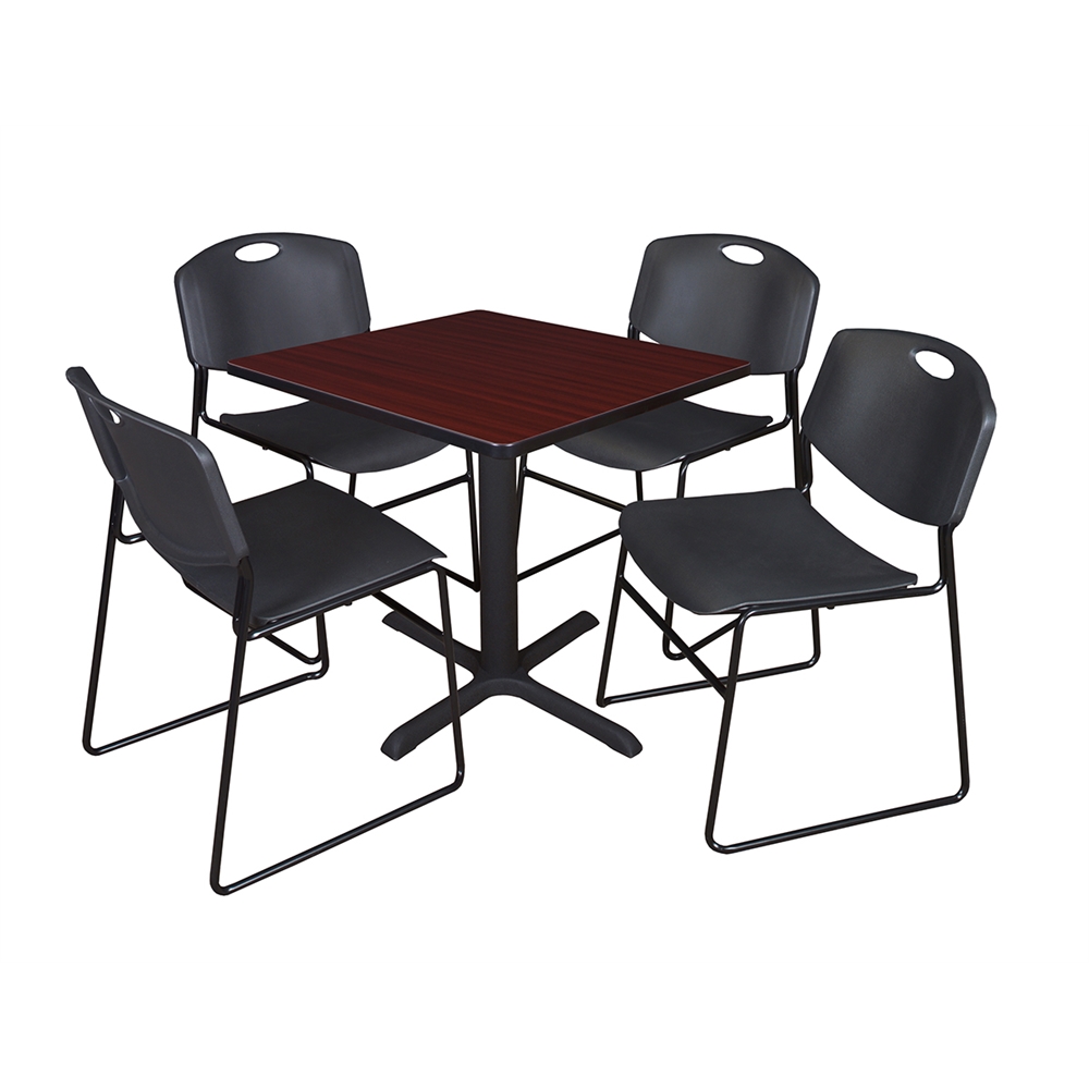 Cain 30" Square Breakroom Table- Mahogany & 4 Zeng Stack Chairs- Black. Picture 1