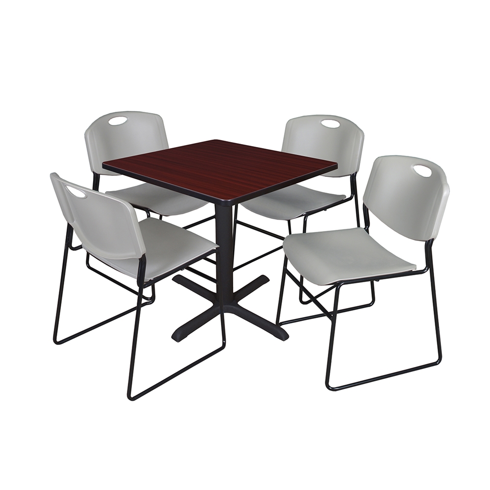 Cain 30" Square Breakroom Table- Mahogany & 4 Zeng Stack Chairs- Grey. Picture 1