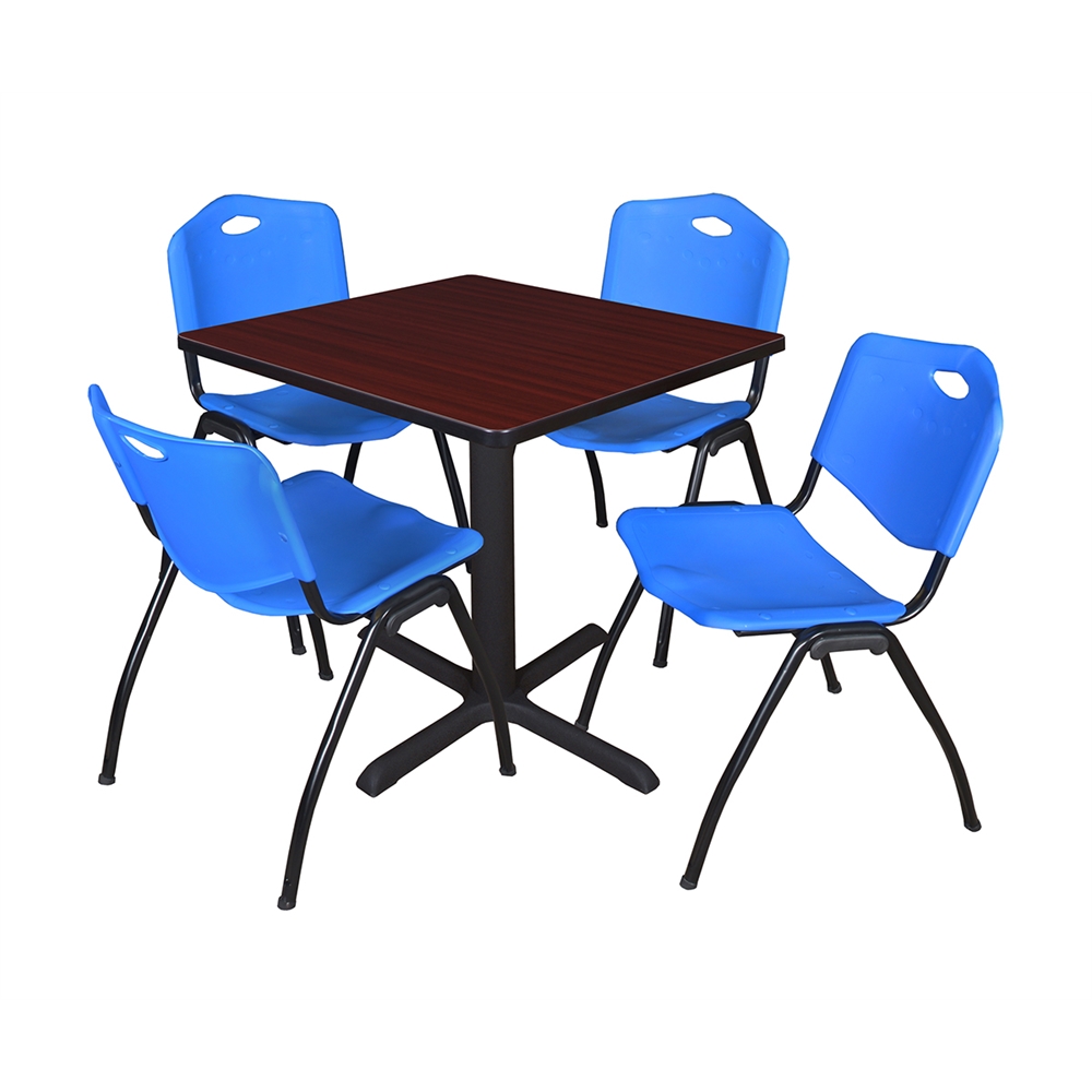 Cain 30" Square Breakroom Table- Mahogany & 4 'M' Stack Chairs- Blue. The main picture.