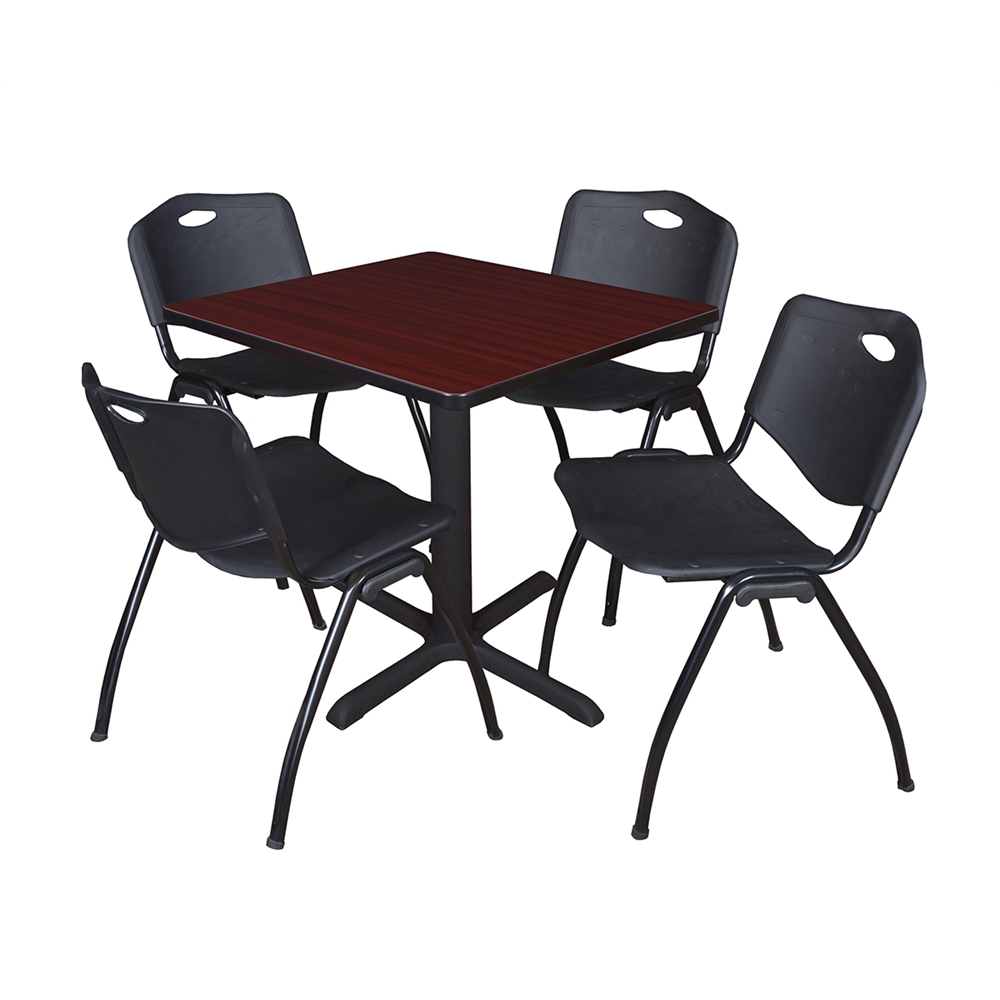 Cain 30" Square Breakroom Table- Mahogany & 4 'M' Stack Chairs- Black. Picture 1