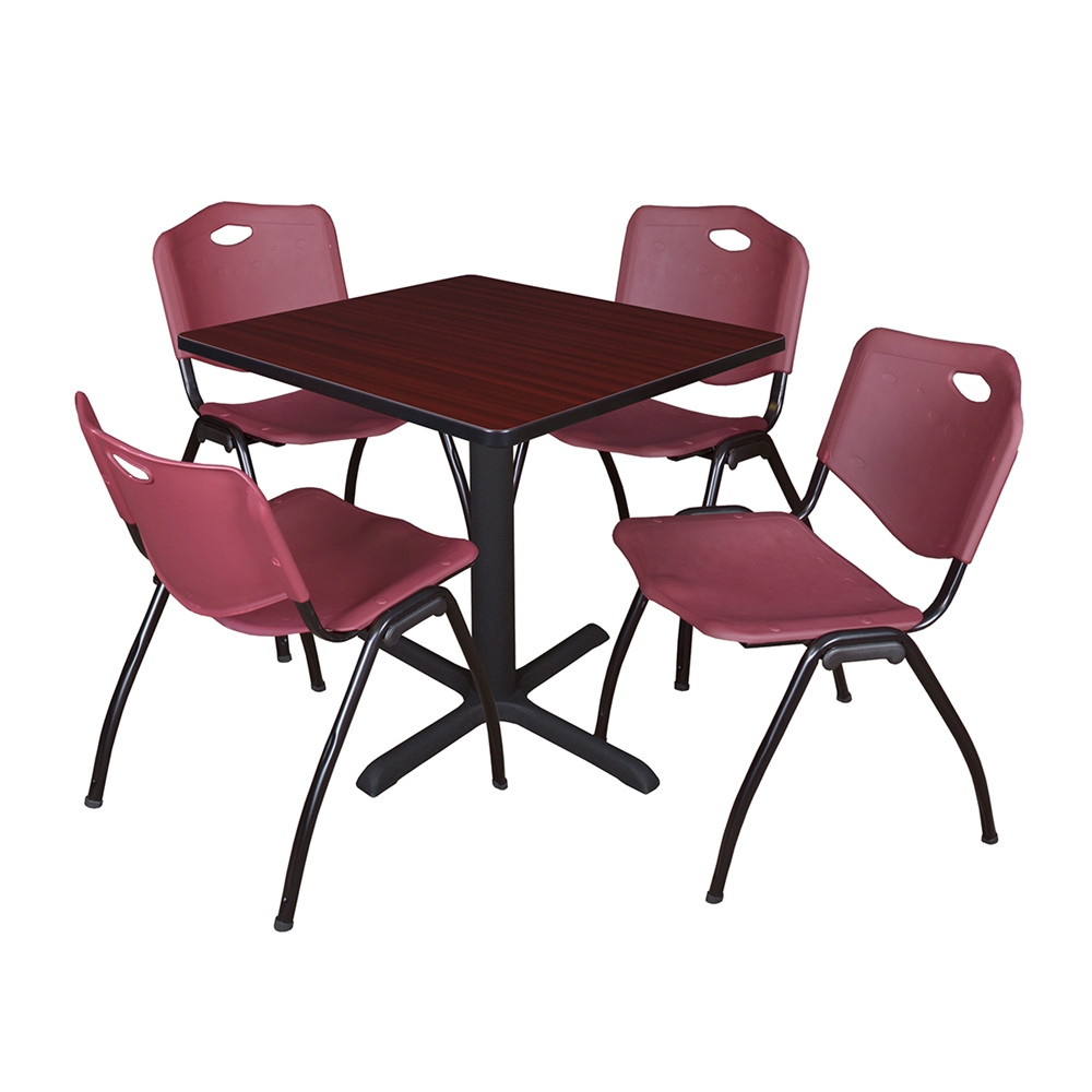 Cain 30" Square Breakroom Table- Mahogany & 4 'M' Stack Chairs- Burgundy. Picture 1