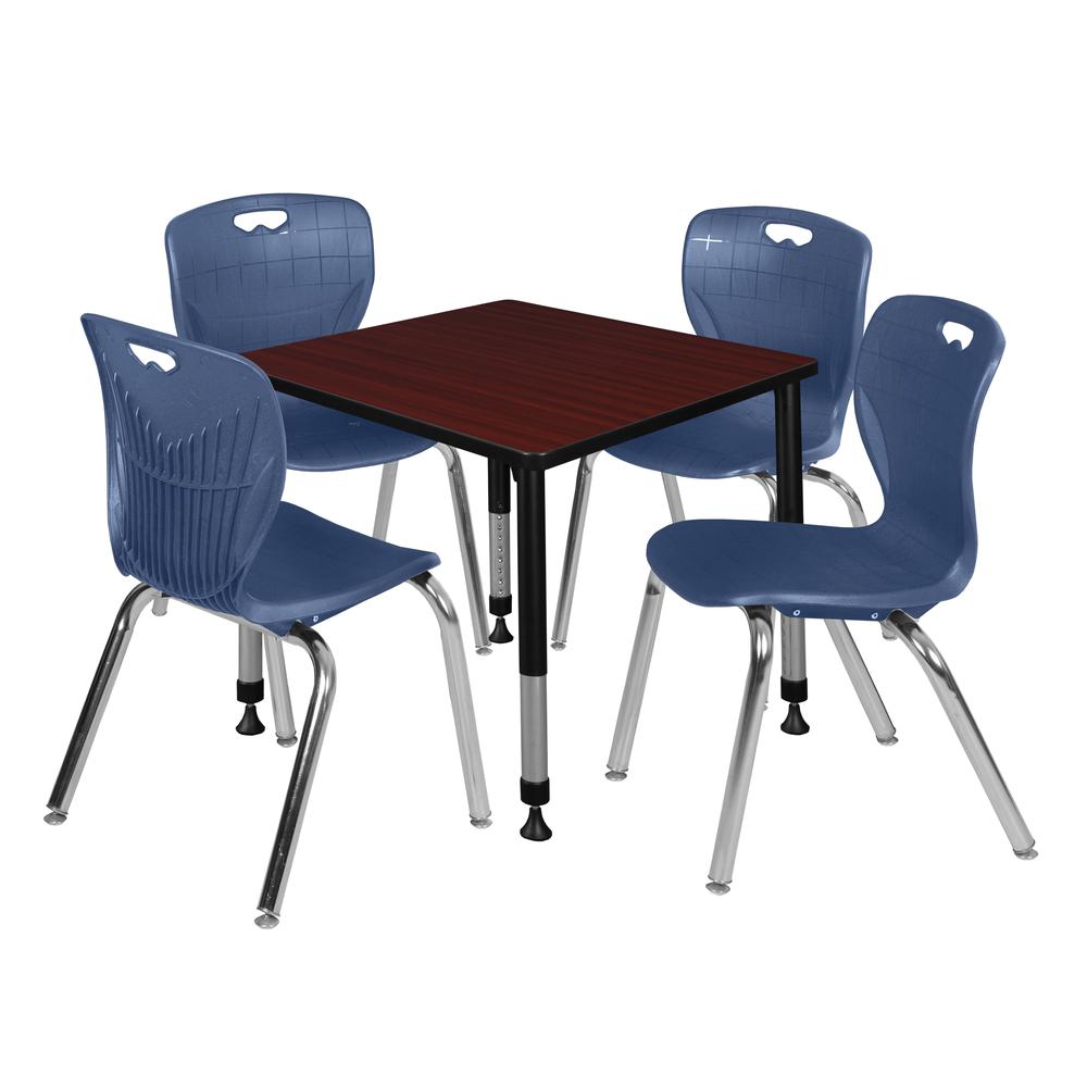 Kee 30" Square Height Adjustable Classroom Table - Mahogany & 4 Andy 18-in Stack Chairs- Navy Blue. Picture 1