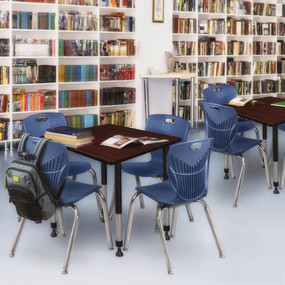 Kee 30" Square Height Adjustable Classroom Table - Mahogany & 4 Andy 18-in Stack Chairs- Navy Blue. Picture 7