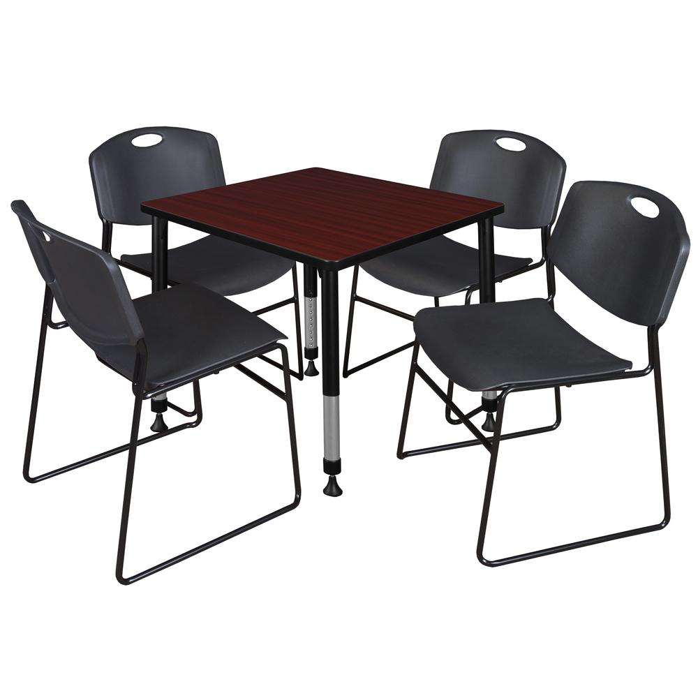 Kee 30" Square Height Adjustable Classroom Table - Mahogany & 4 Zeng Stack Chairs- Black. Picture 1