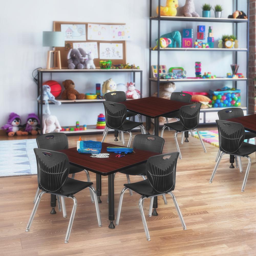 Kee 30" Square Height Adjustable Classroom Table - Mahogany & 4 Andy 12-in Stack Chairs- Black. Picture 7