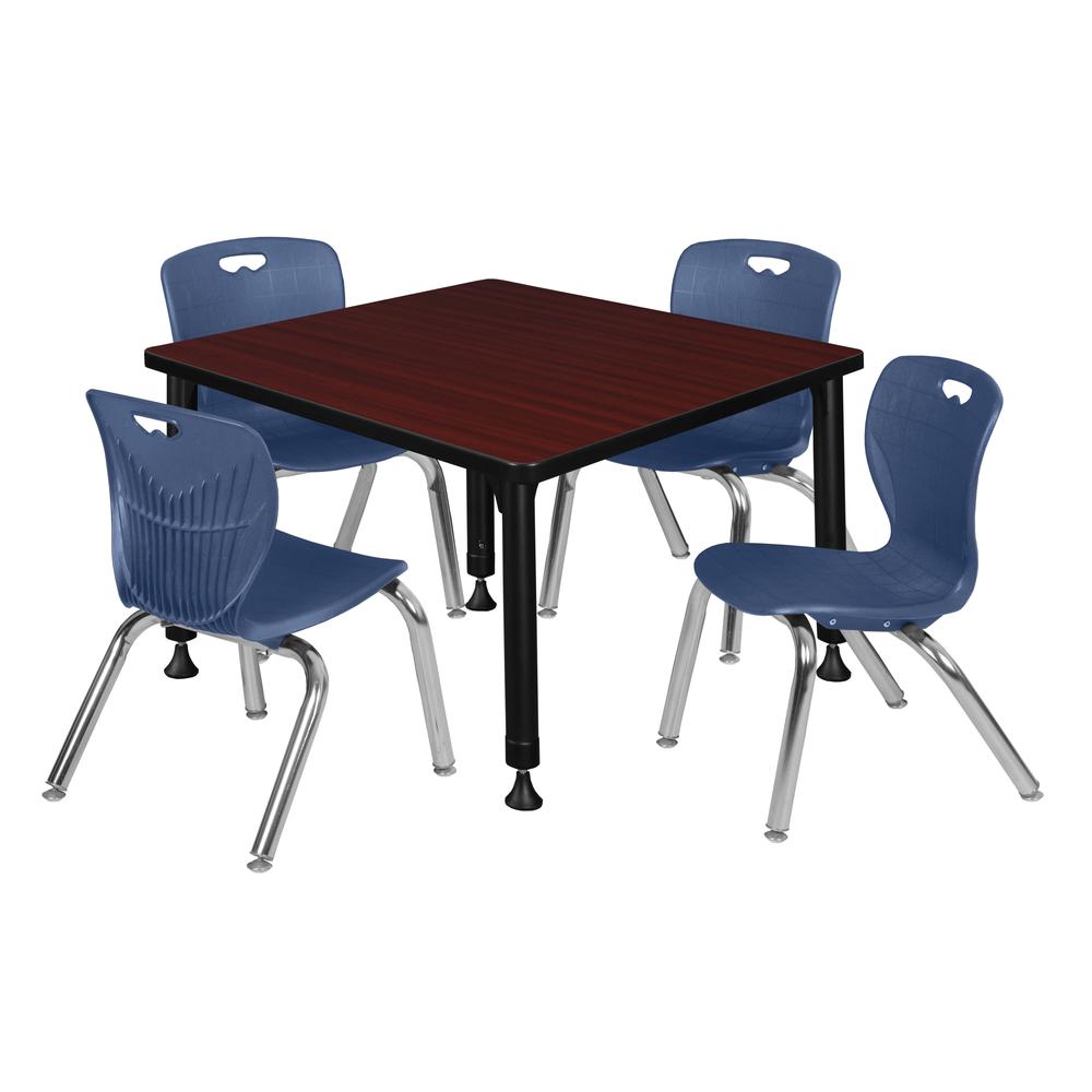 Kee 30" Square Height Adjustable Classroom Table - Mahogany & 4 Andy 12-in Stack Chairs- Navy Blue. Picture 1