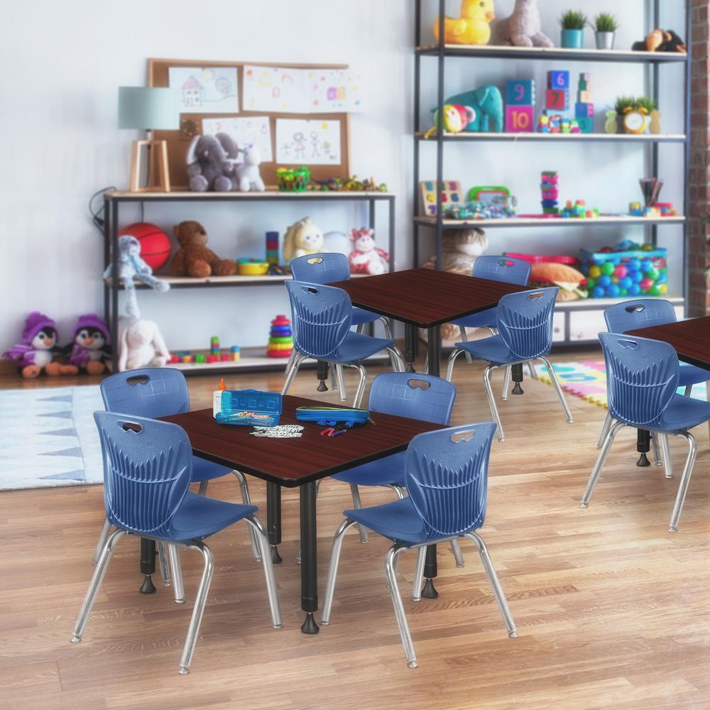 Kee 30" Square Height Adjustable Classroom Table - Mahogany & 4 Andy 12-in Stack Chairs- Navy Blue. Picture 7