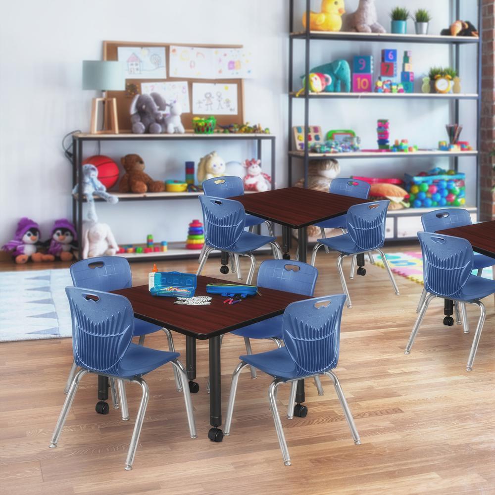 Kee 30" Square Height Adjustable Moblie Classroom Table - Mahogany & 4 Andy 12-in Stack Chairs- Navy Blue. Picture 7
