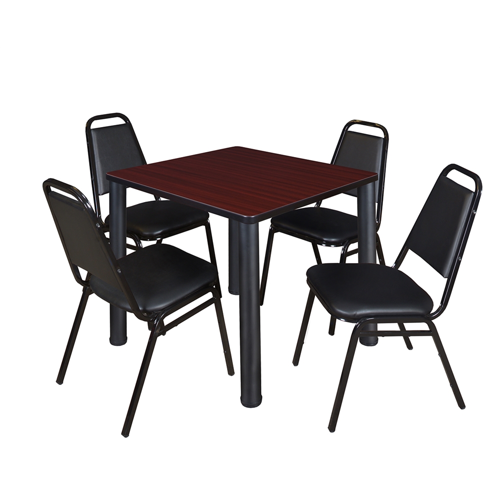 Kee 30" Square Breakroom Table- Mahogany/ Black & 4 Restaurant Stack Chairs- Black. Picture 1